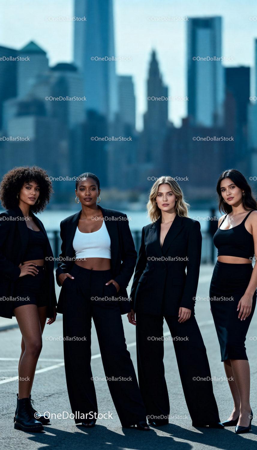 Confident diverse women posing outdoors in stylish outfits