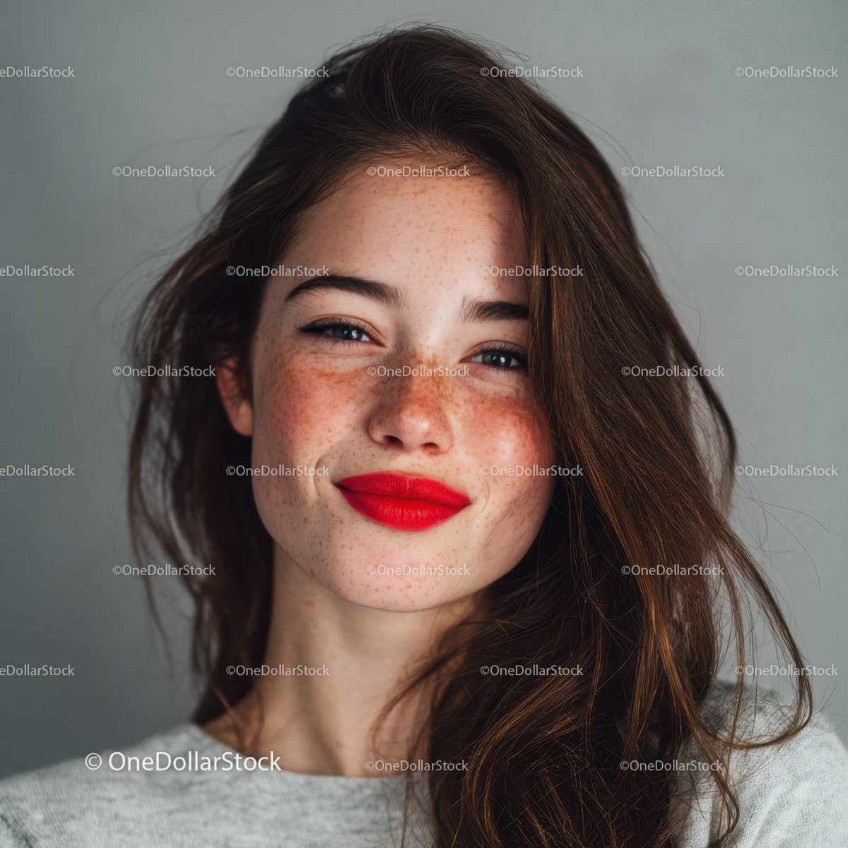 Portrait of a Smiling Woman with Freckles and Red Lipstick