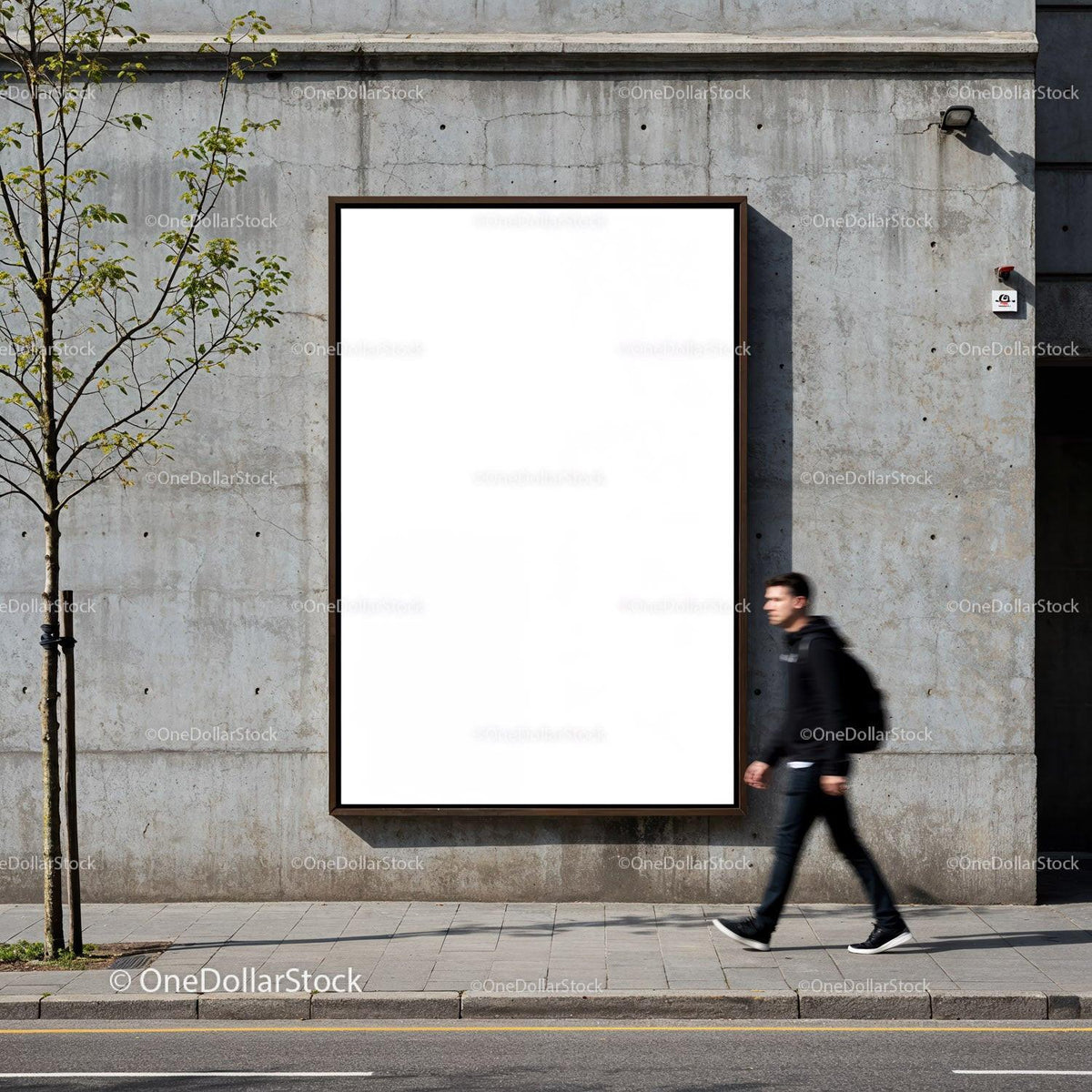 Man walking past blank outdoor billboard on urban street JPG Mockup Image preview