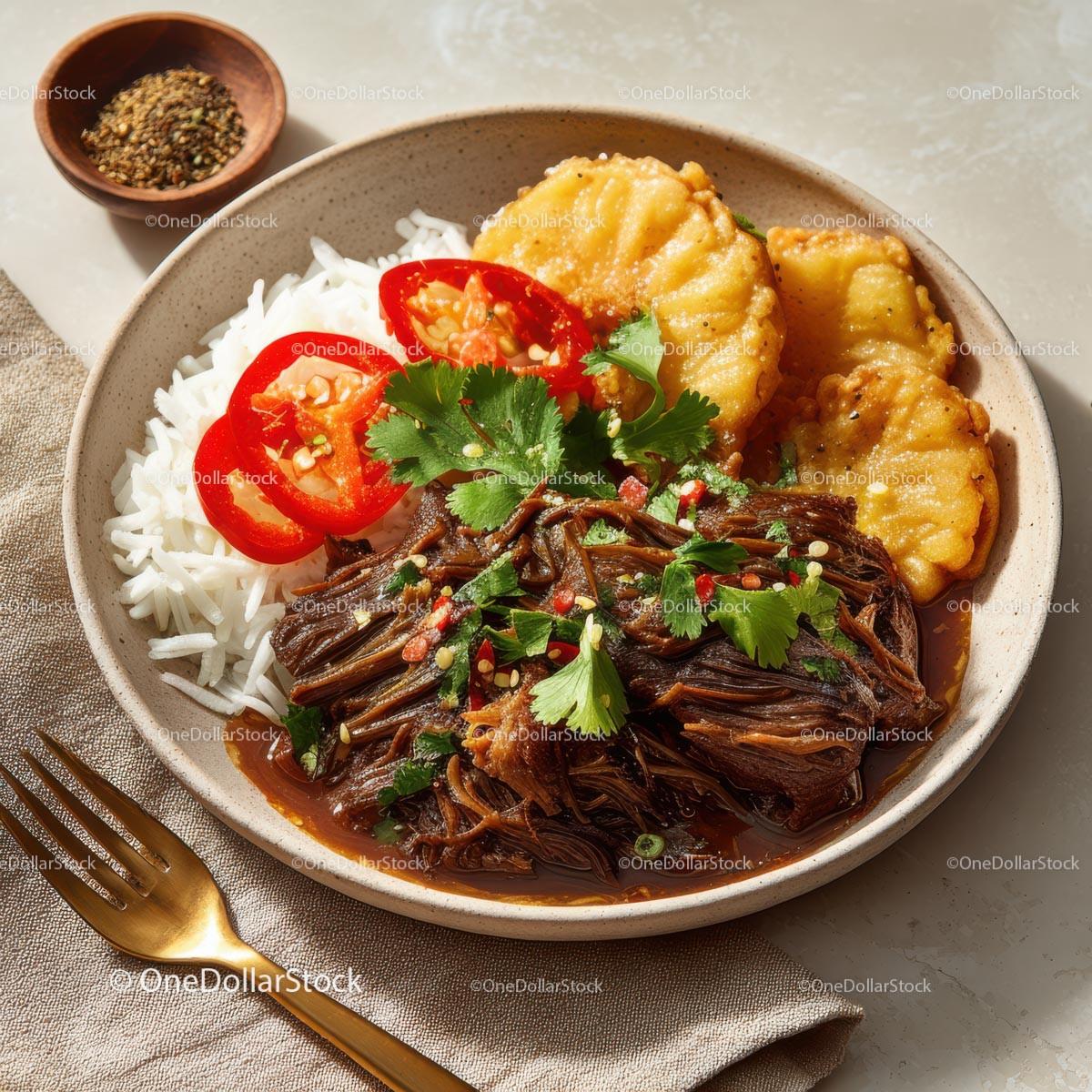 Savory Asian Dish with Rice, Vegetables, and Grilled Plantains Stock Photo Bundle preview 9