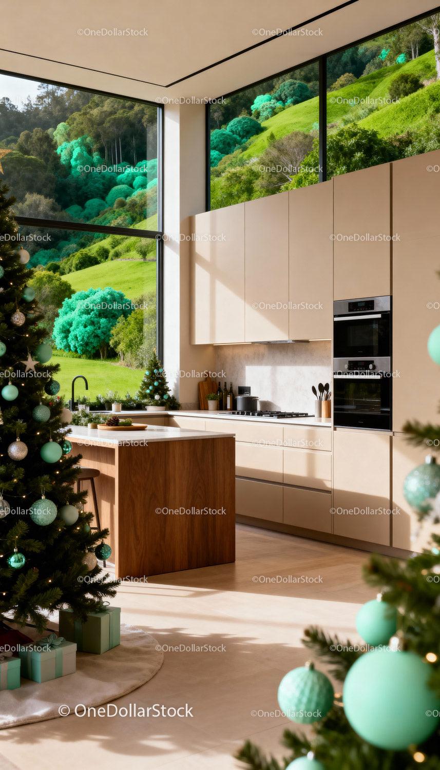 Modern kitchen with holiday decor and scenic green view
