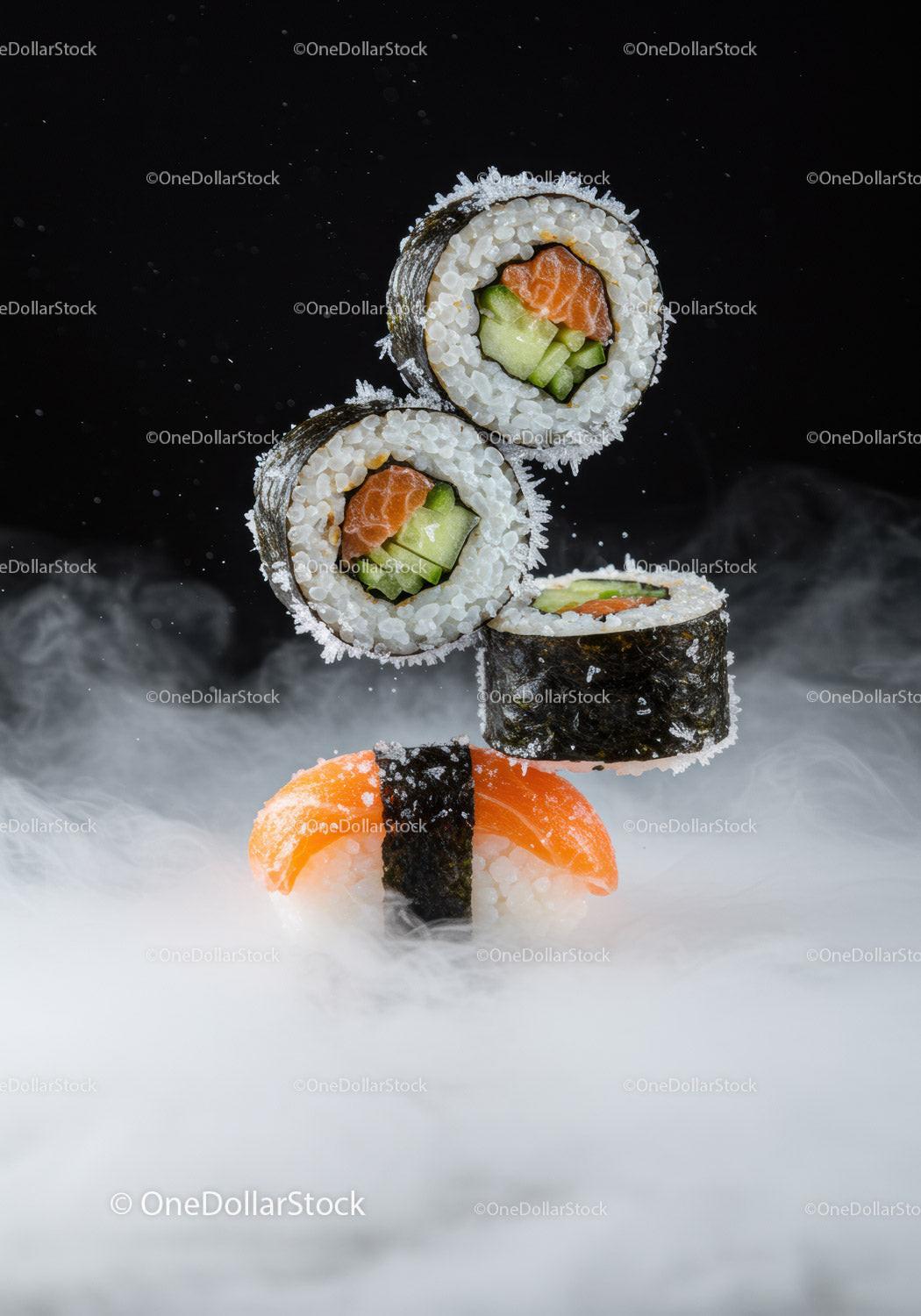 Fresh salmon sushi rolls floating on misty background