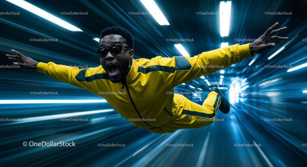 Dynamic Man in Yellow Jumpsuit Against Futuristic Background Stock Photo Bundle preview 5