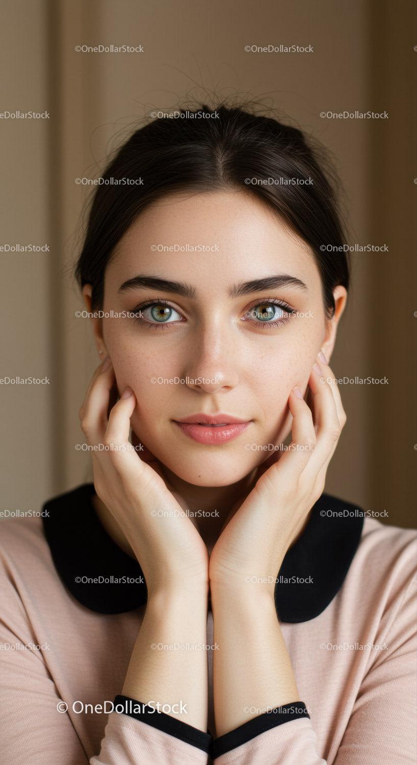 Portrait of a Young Woman with Blue Eyes and Dark Hair