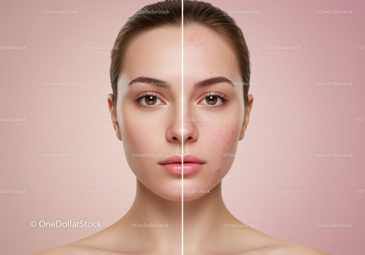 Skincare Transformation Face Portrait Showing Clear and Acne-Prone Skin