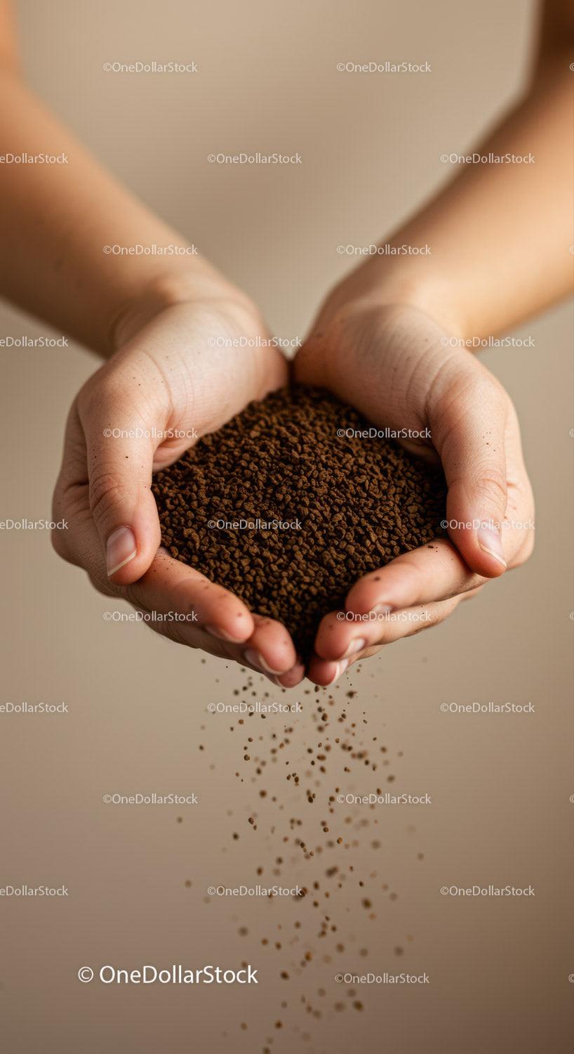 Hands gently holding and pouring loose coffee granules