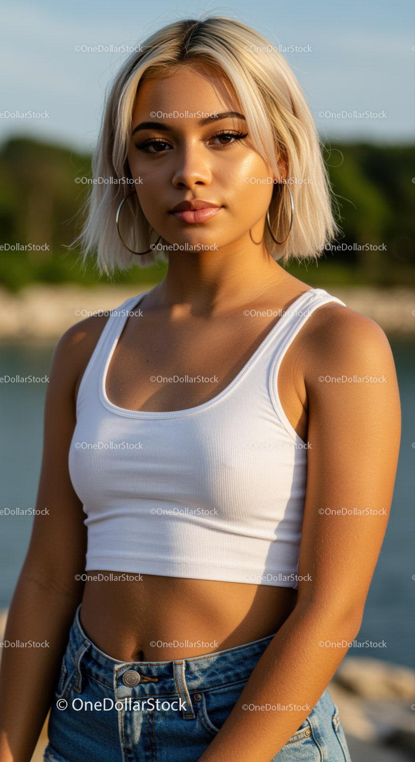 Young woman with blonde hair wearing casual summer outfit