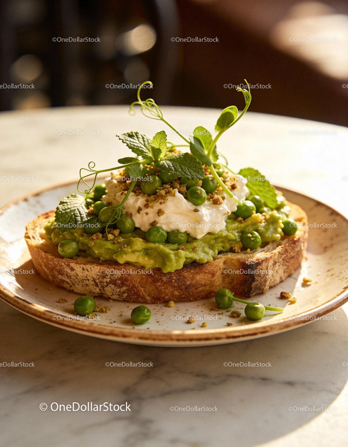 Fresh green pea toast with ricotta and herbs