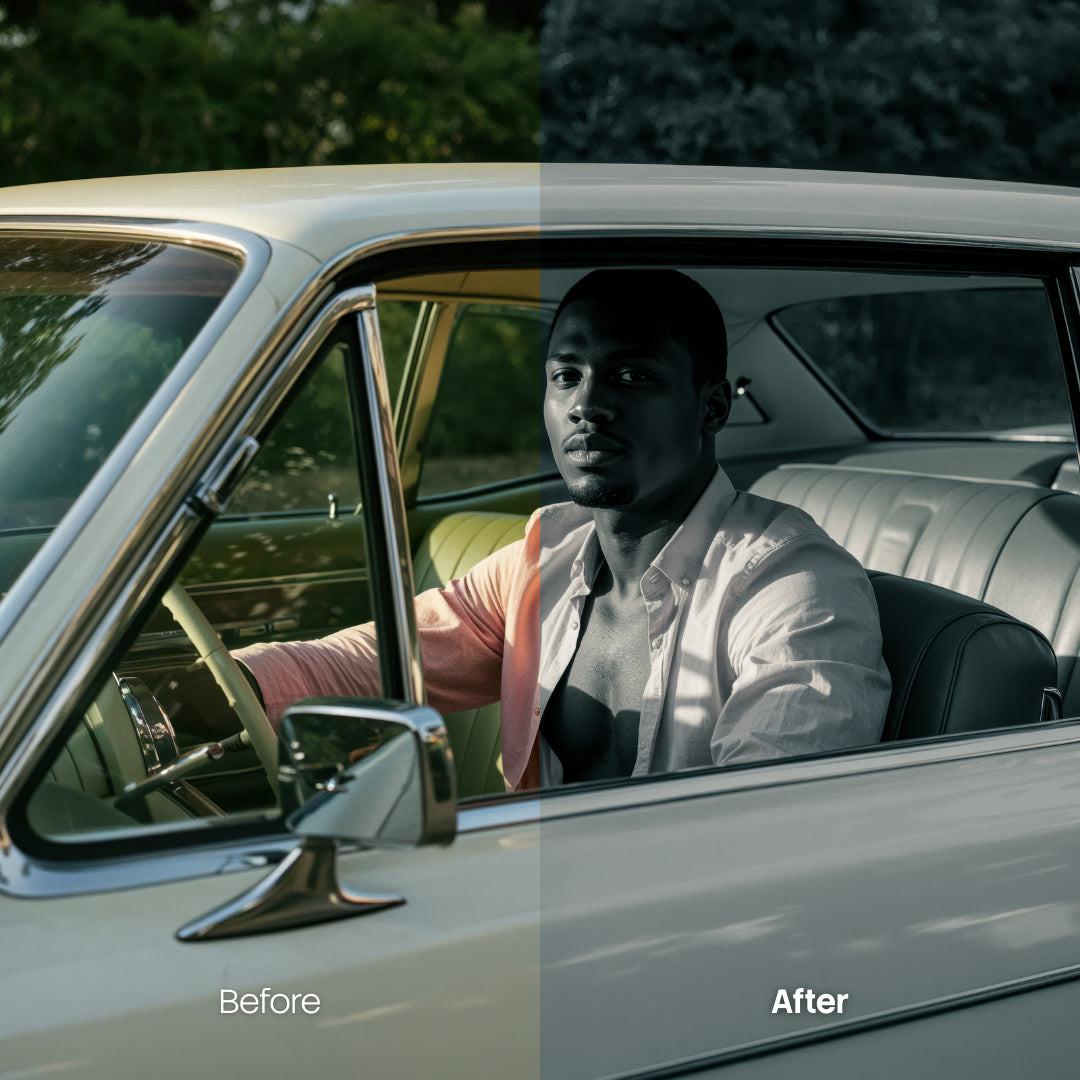 color grading preview with BW Racecars LUT Pack