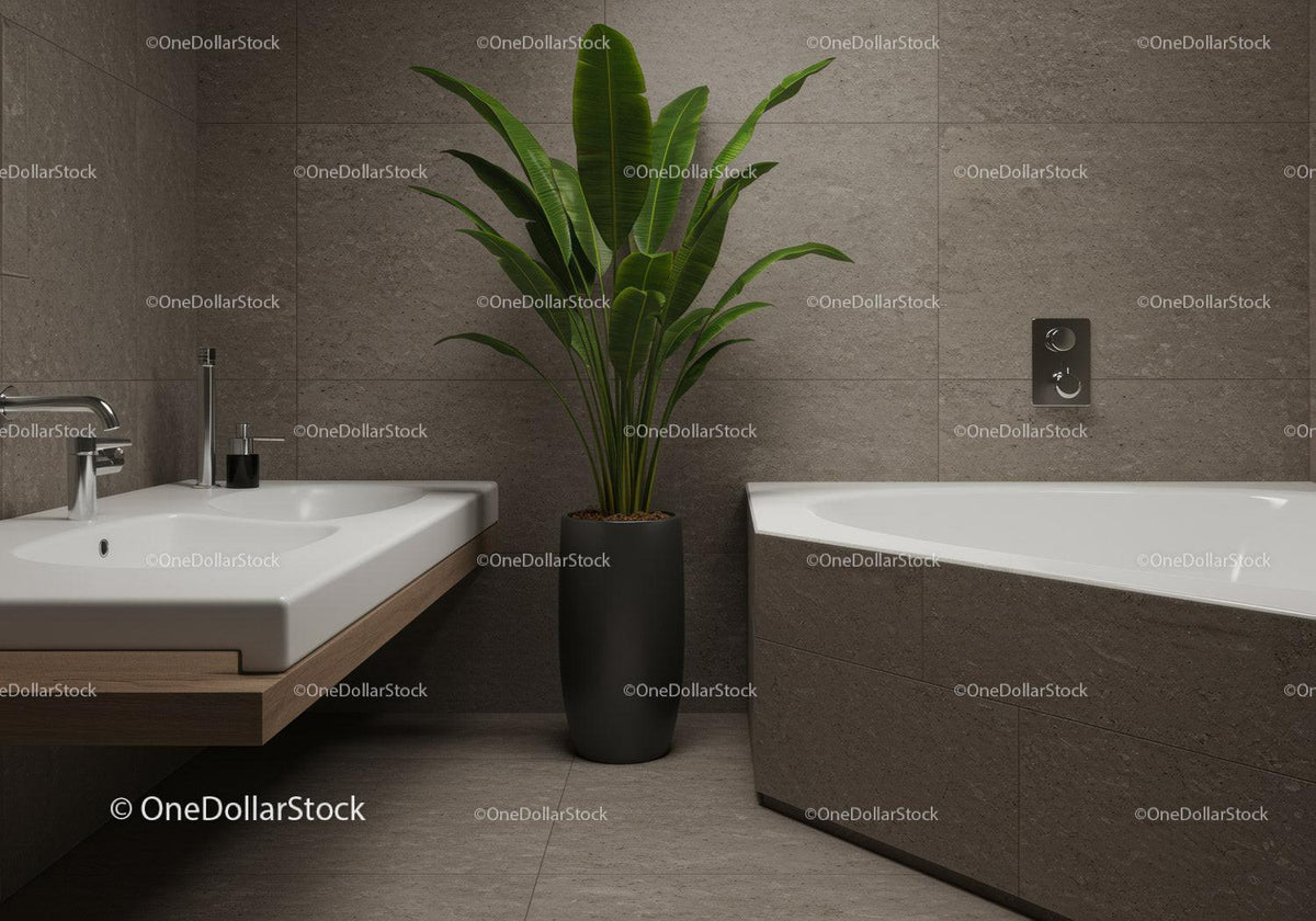 Elegant Modern Bathroom with Green Foliage and Stylish Fixtures