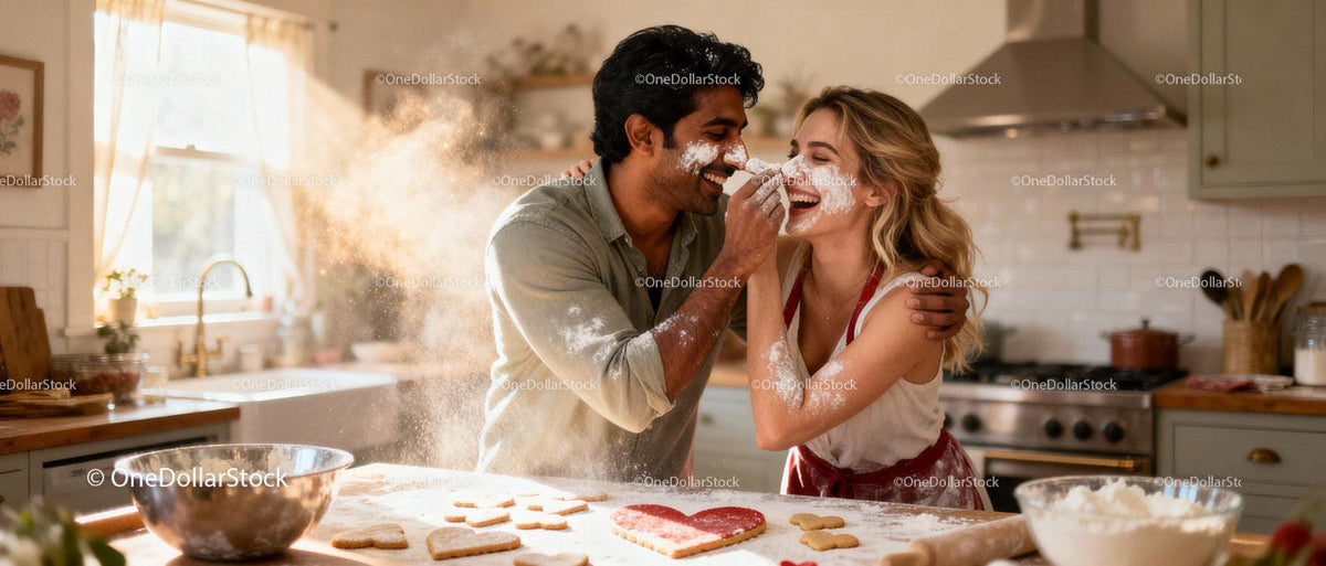 Couple Playfully Baking Together in Cozy Kitchen