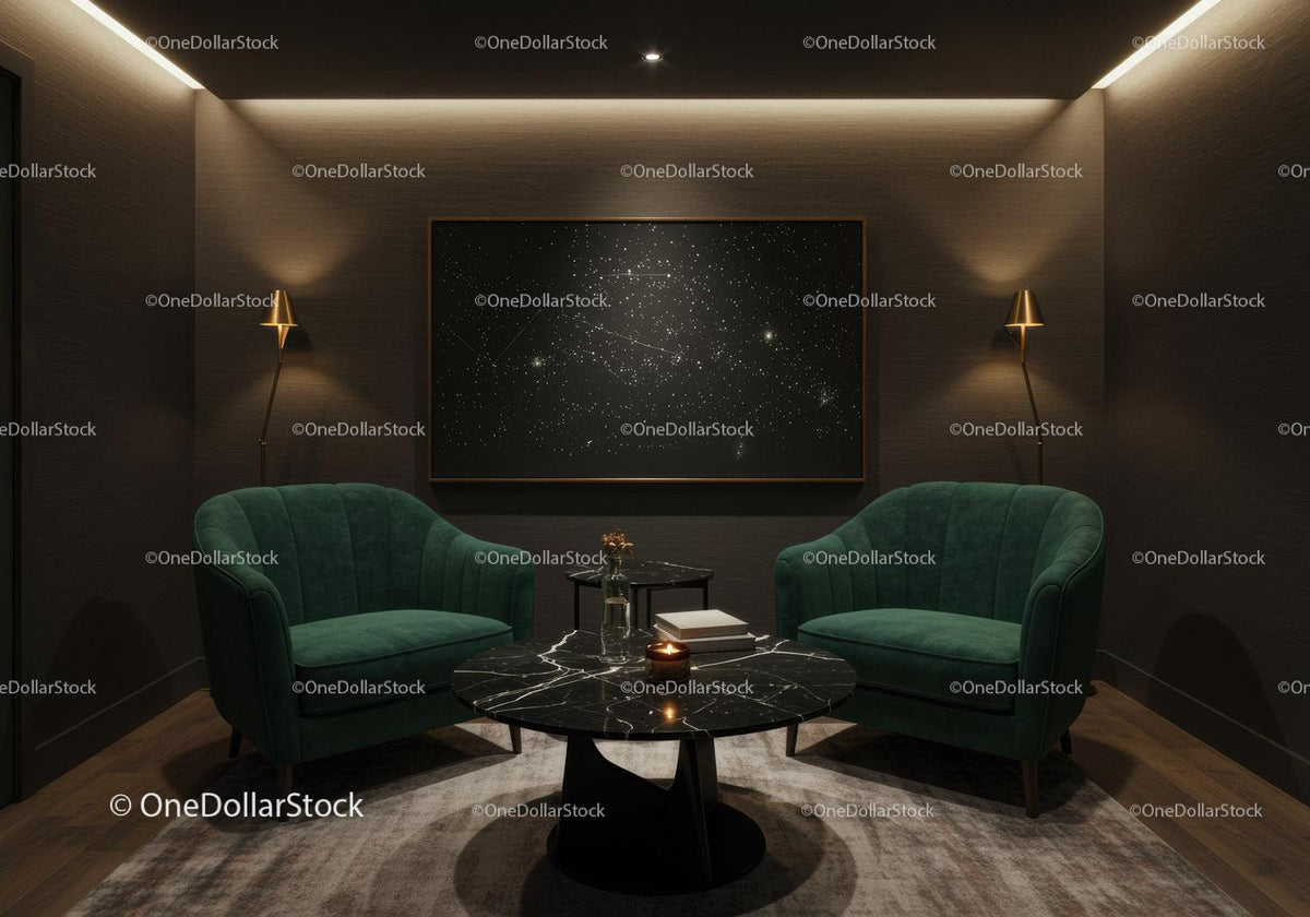 Cozy modern lounge with velvet sofas and art lighting