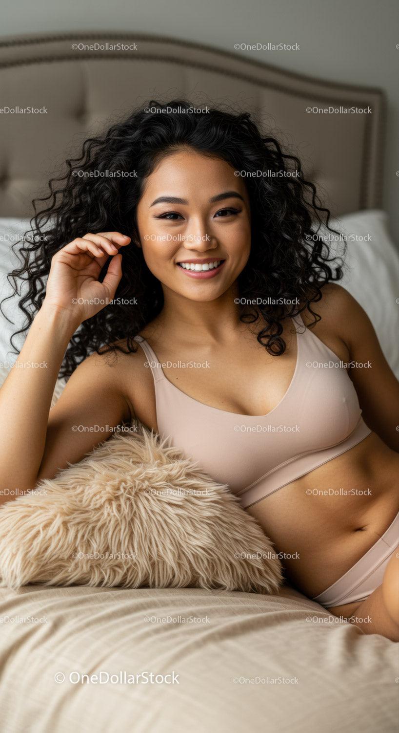 Smiling woman relaxing on bed with cozy pillow