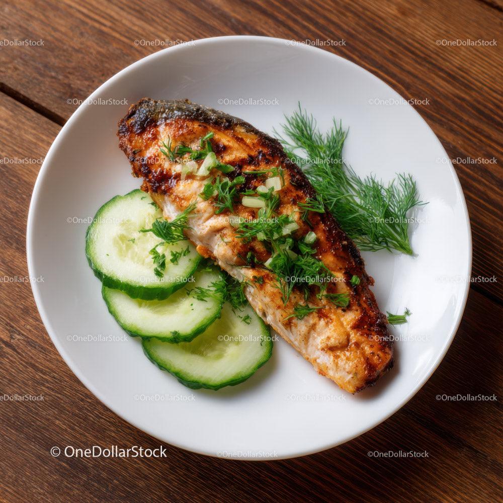 Grilled Fish with Cucumber Slices on Rustic Wooden Table Stock Photo Bundle preview 16