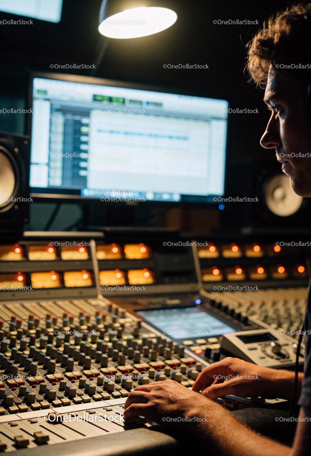Sound engineer working with audio mixer and monitor