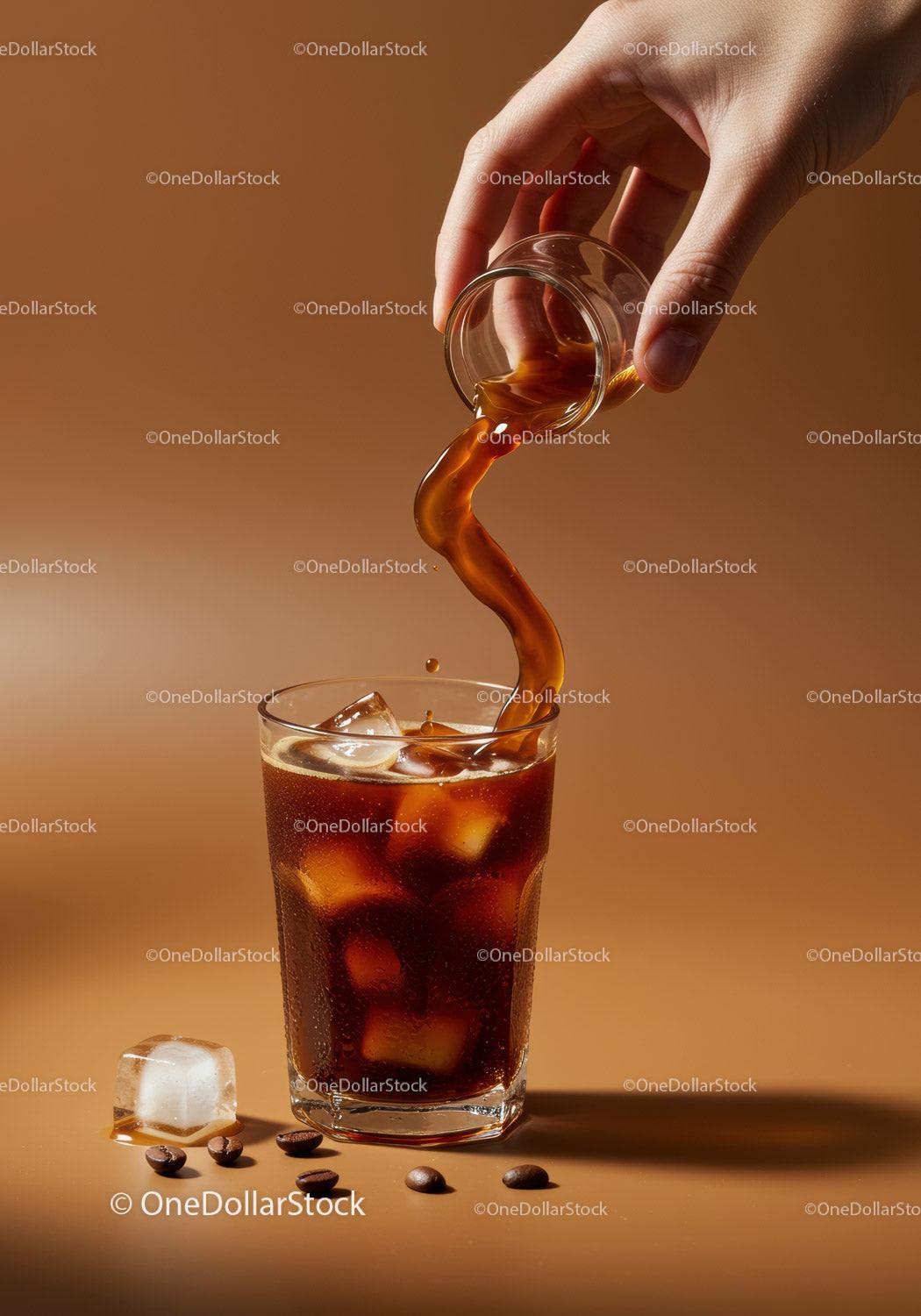Pouring Cold Brew Coffee with Ice Cubes and Coffee Beans