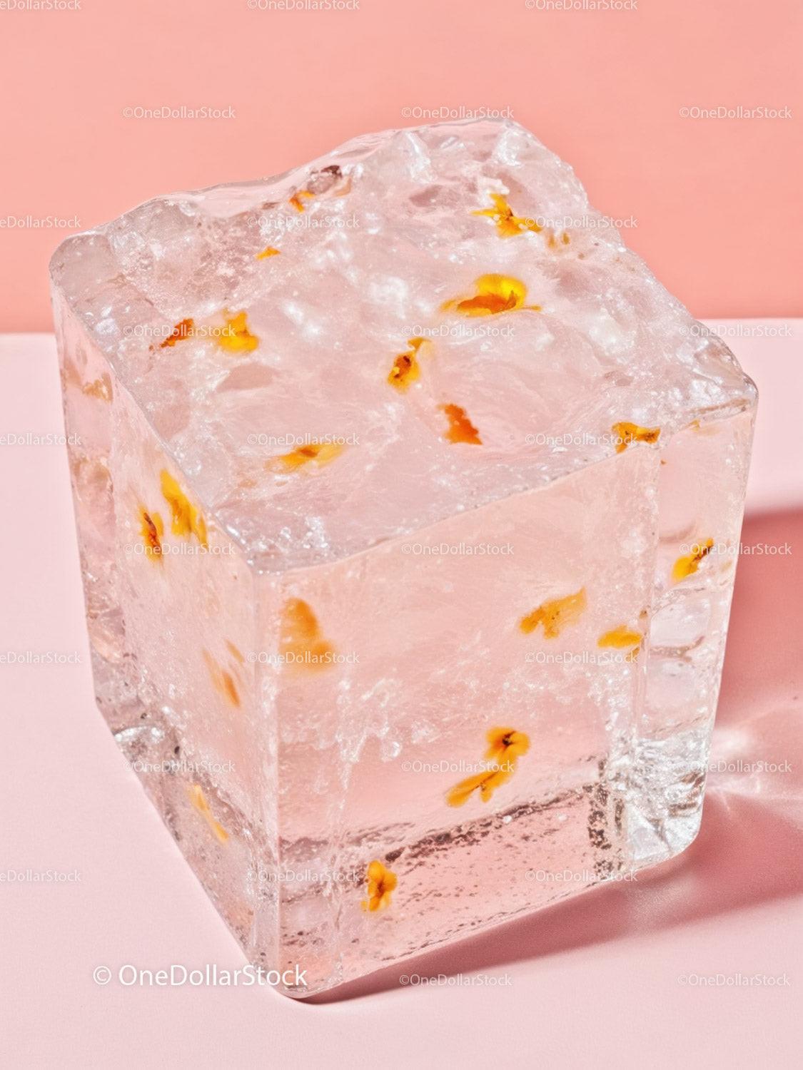 Clear ice cube with embedded yellow flower petals