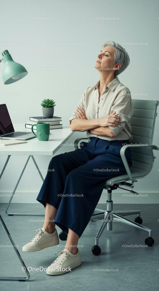 Thoughtful Woman Enjoying Peaceful Moment in Modern Office Stock Photo Bundle preview 11