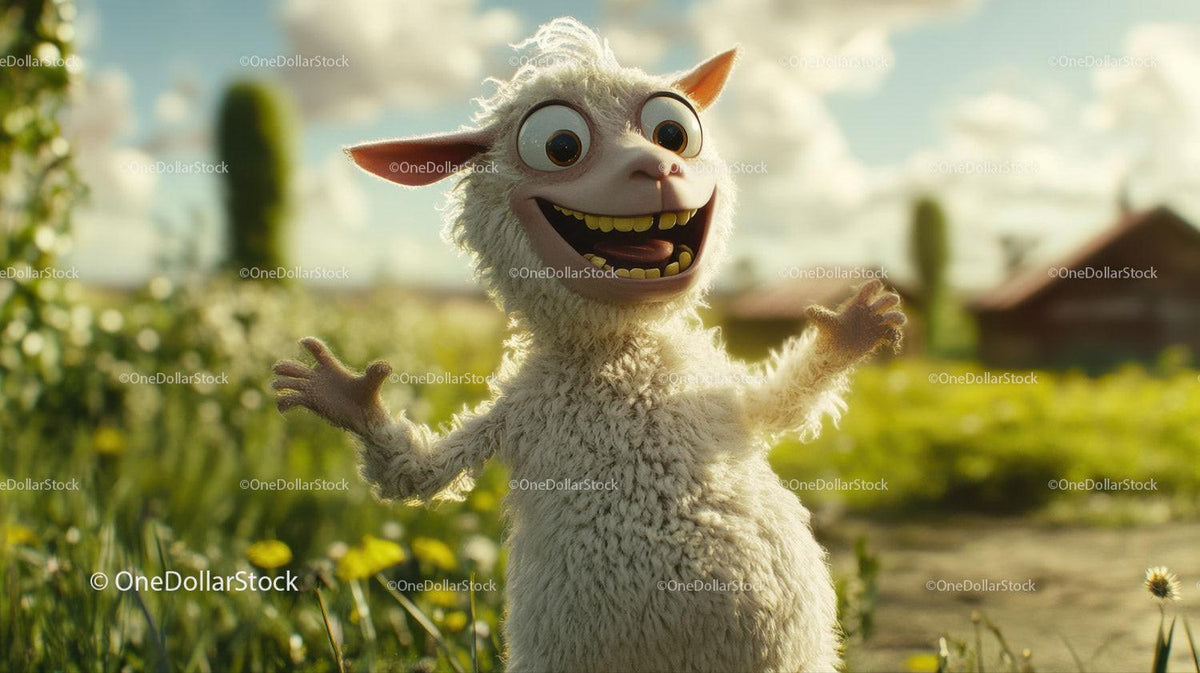Fluffy animated lamb with wide smile standing outdoors in sunny grassy field