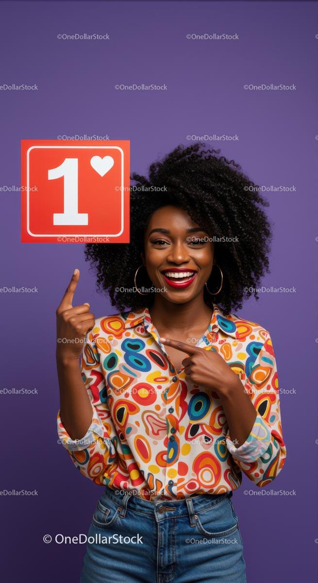 Smiling Woman Holding Heart Sign with Colorful Shirt Against Purple Background Stock Photo Bundle preview 64