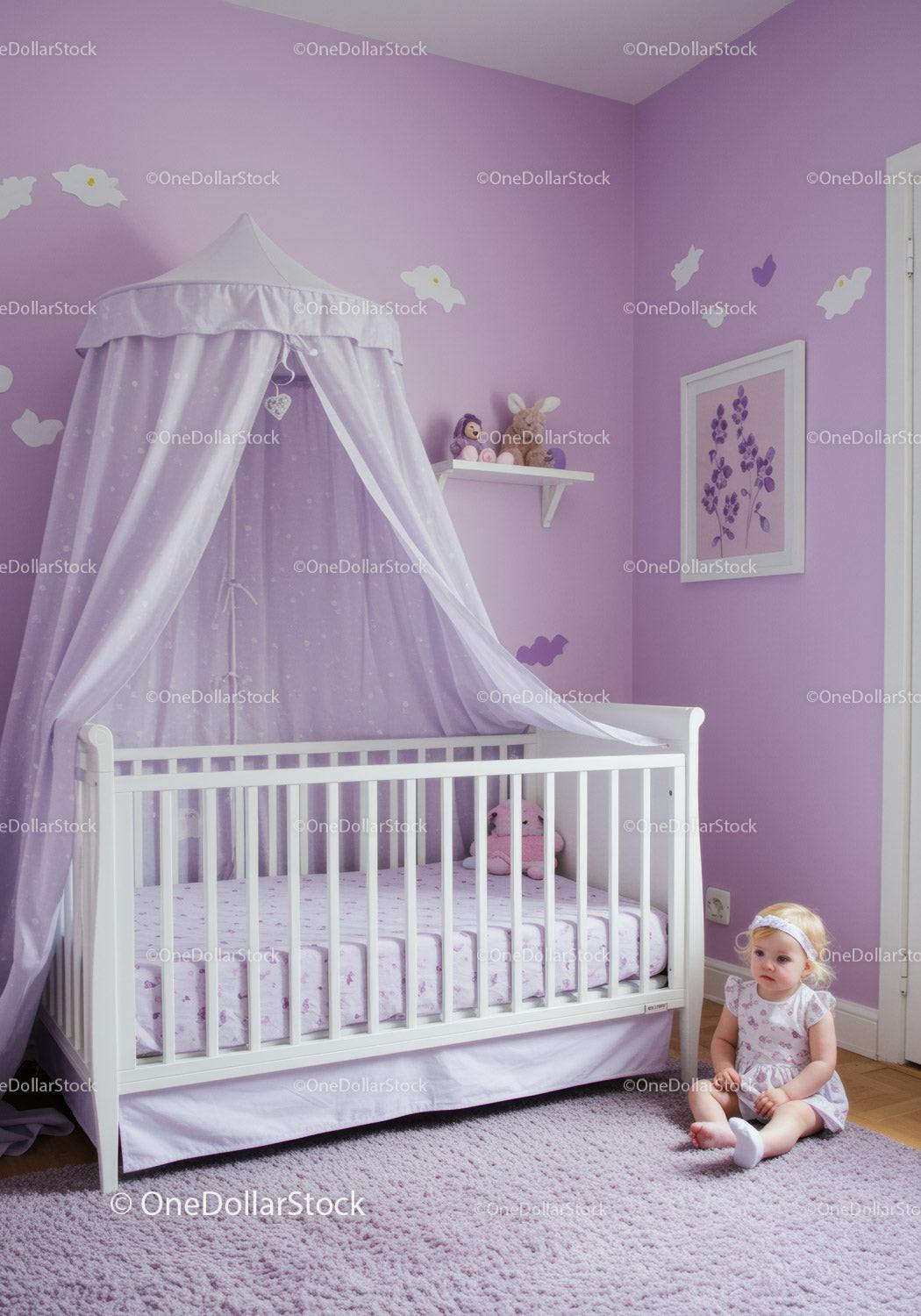 Cute Baby Girl Sitting Near White Crib in Lavender Nursery