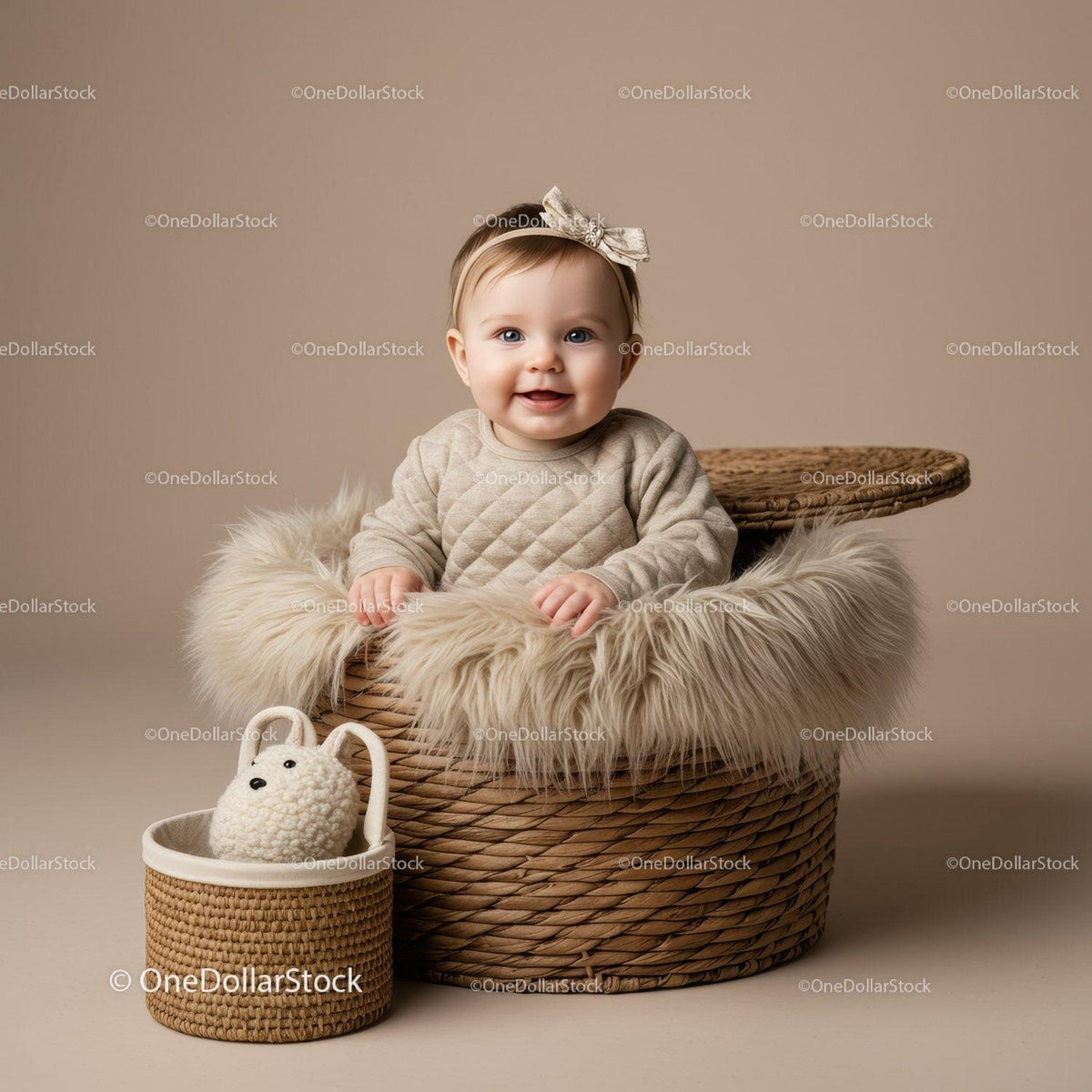 Smiling baby girl sitting in cozy woven basket