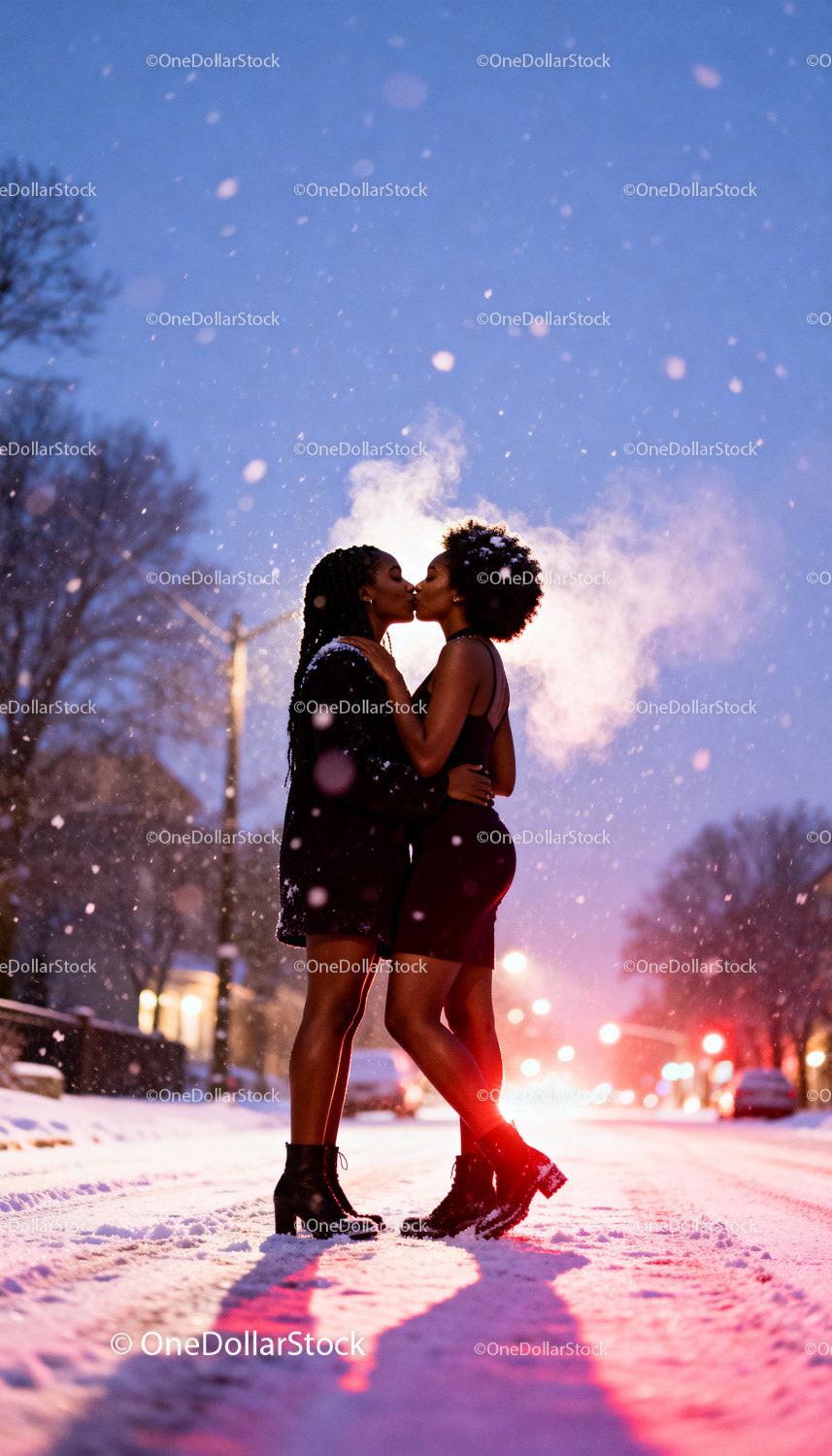 Couple sharing a tender kiss on snowy winter street