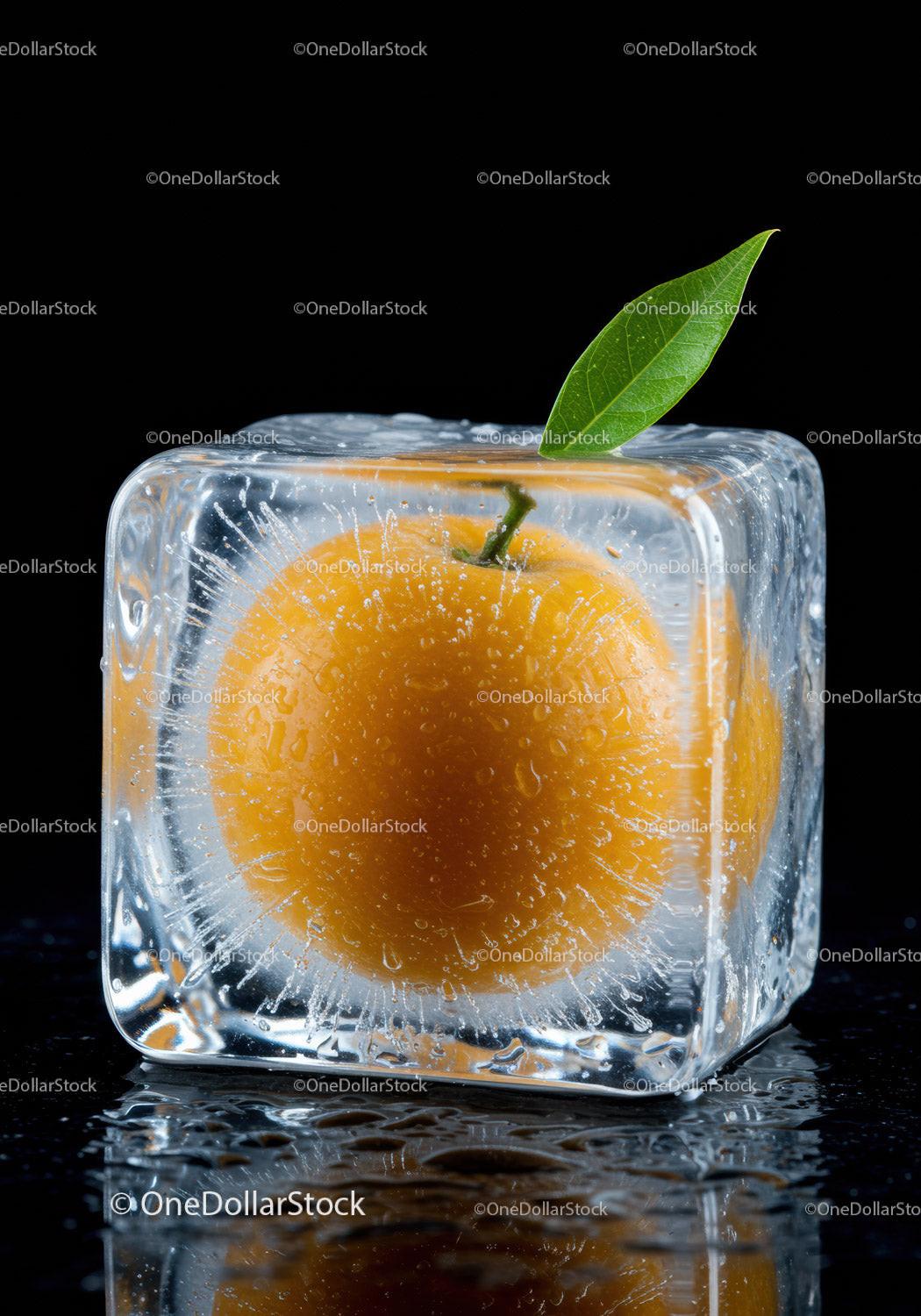 Fresh Orange Fruit Encased in a Clear Ice Cube