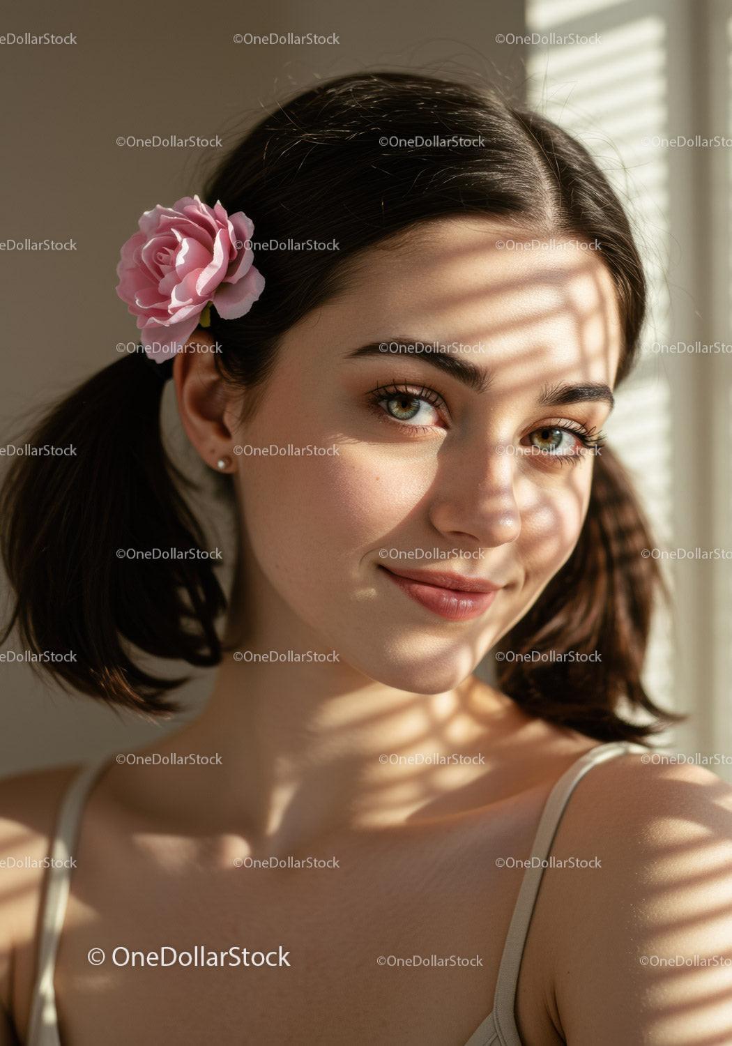 Young Woman with Bright Smile and Pink Floral Hair Pin in Sunlit Room