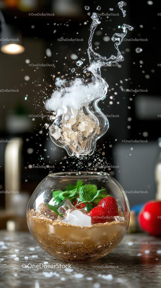 Dynamic Splash of Water and Fresh Strawberries in a Glass Bowl