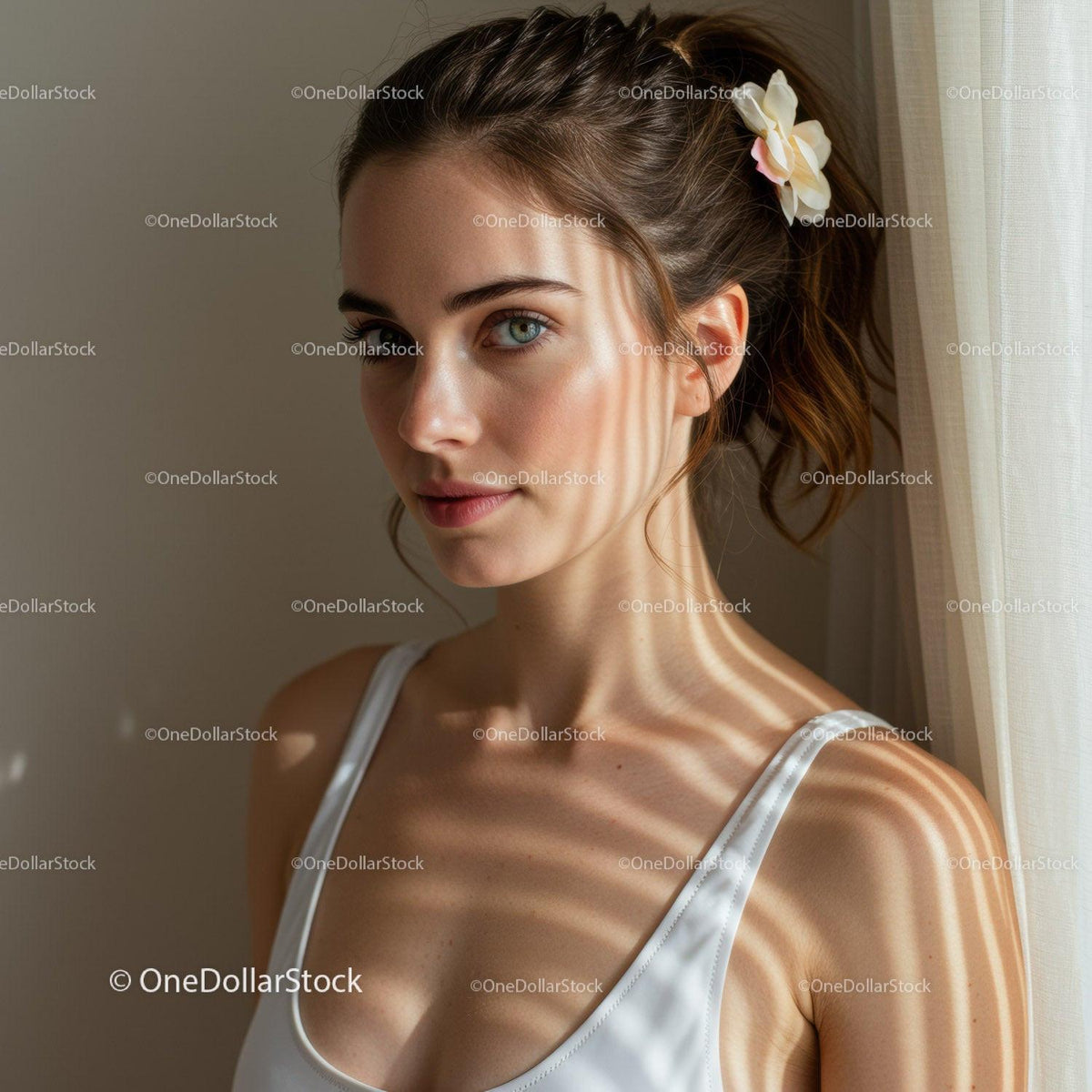 Close-up Portrait of a Young Woman with Sunlight Shadows and Blue Eyes