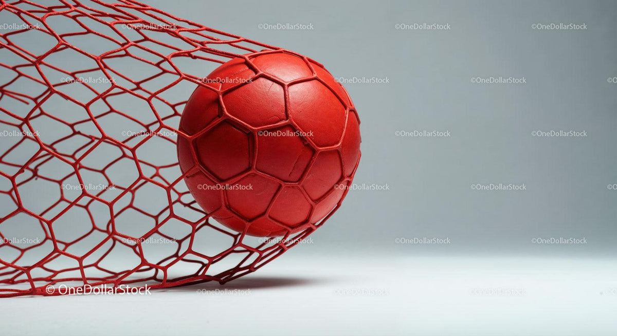 Red Soccer Ball in Net on Gray Background for Sports and Recreation