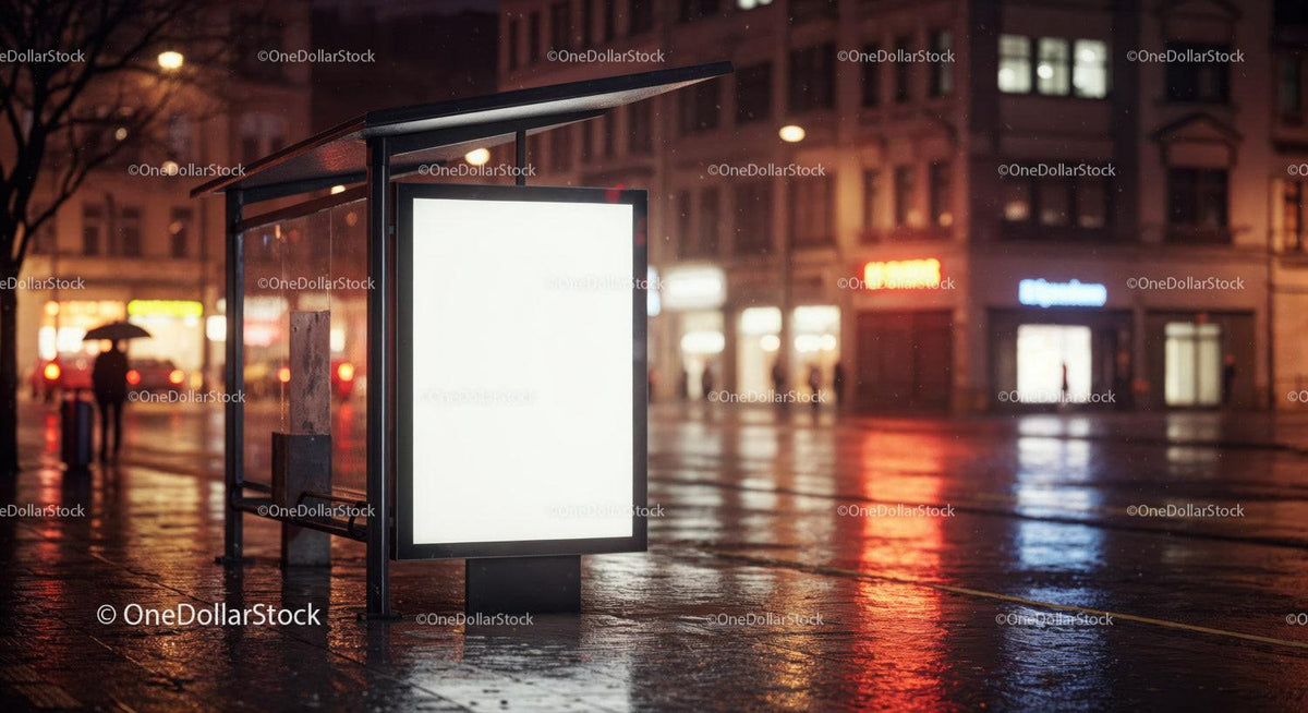 Illuminated Bus Stop Signboard on Rainy Night in Urban City JPG Mockup Image preview