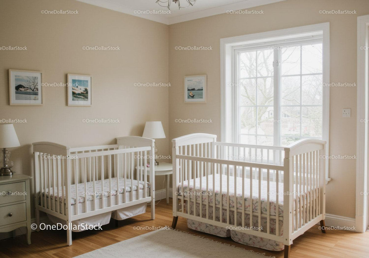 Bright Nursery Room with Two White Cribs and Large Window