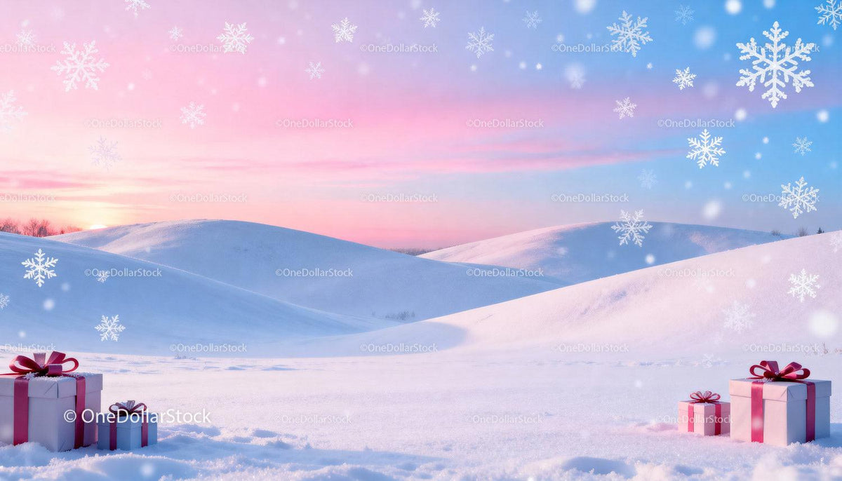 Winter landscape with gift boxes under soft sunset sky