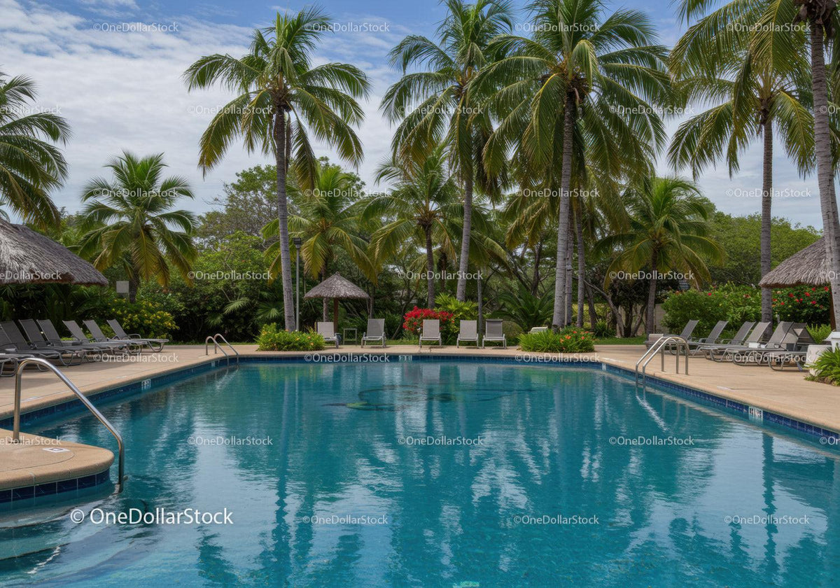 Luxurious Tropical Resort Swimming Pool Surrounded by Palm Trees