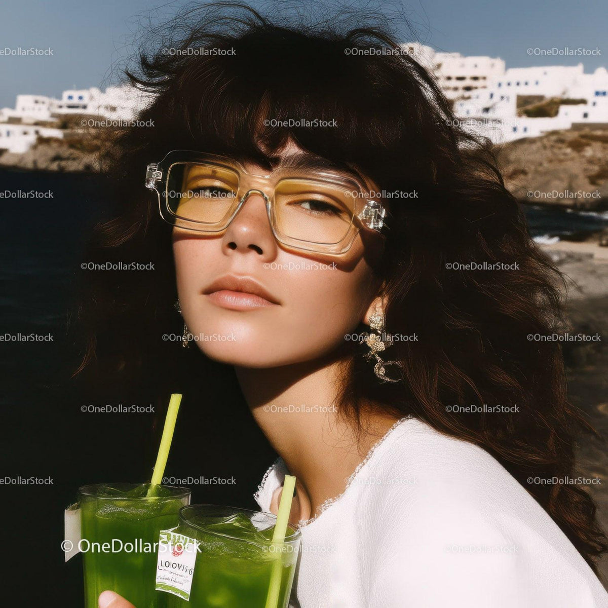 Stylish Woman Wearing Sunglasses with Seaside Background and White Buildings