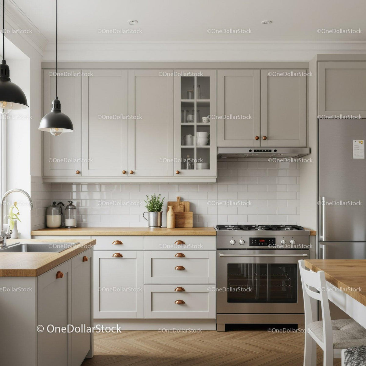 Modern White Kitchen with Wooden Counters and Stainless Steel Appliances