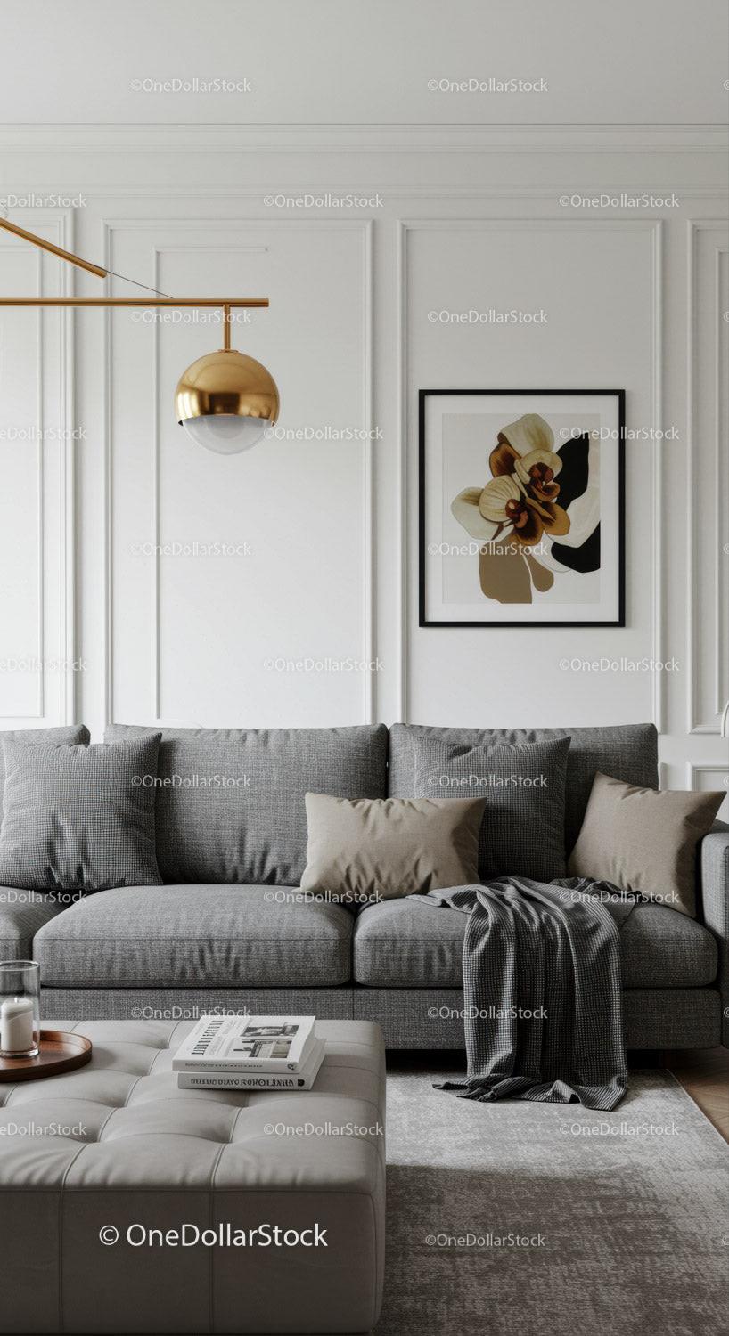 Elegant Modern Living Room with Grey Sofa and Artwork