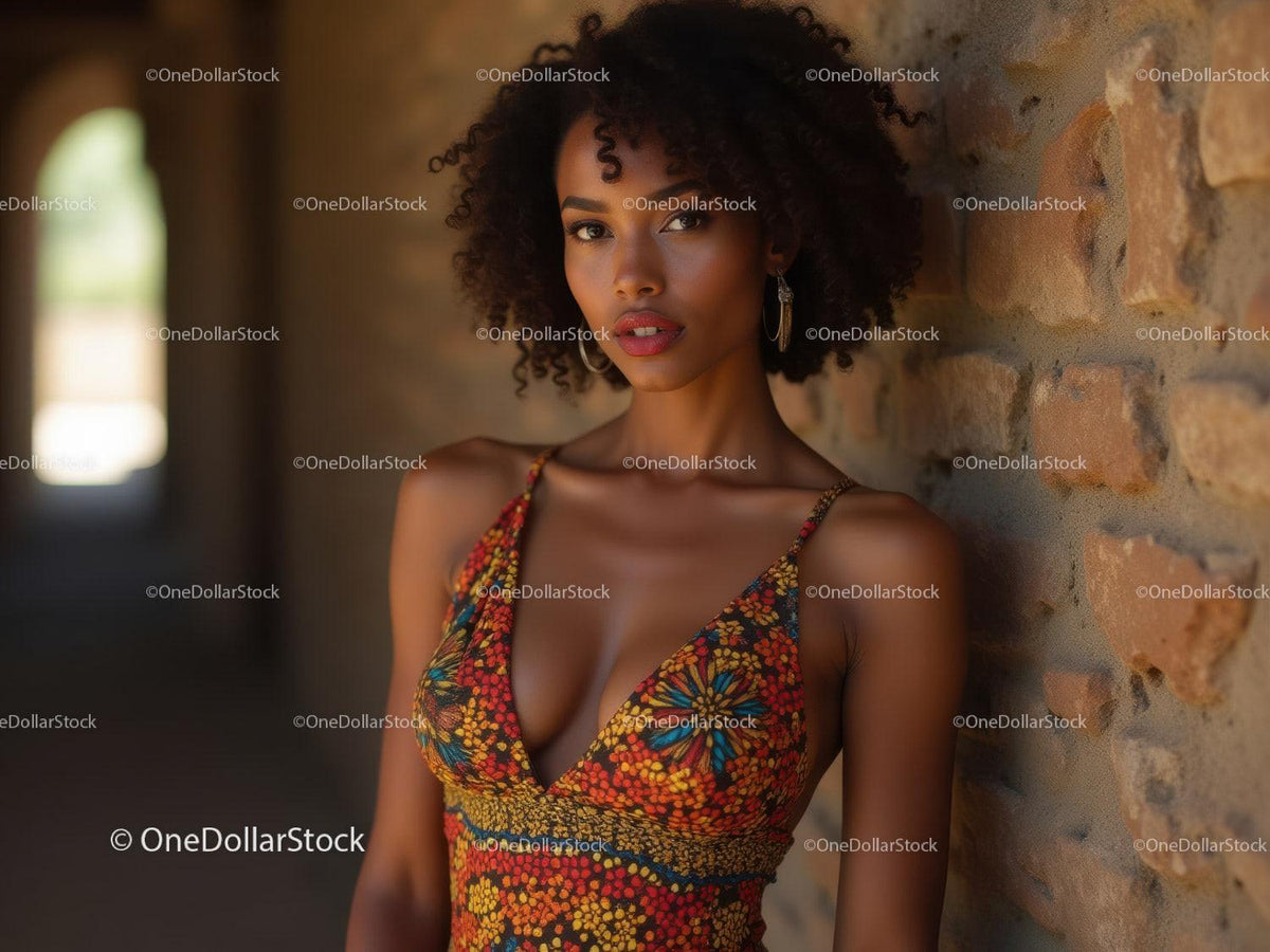 Elegant Woman with Curly Hair in Orange Dress and Jewelry Stock Photo Bundle preview 5