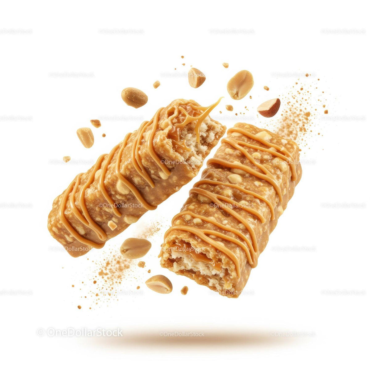 Peanut caramel granola bars with nuts and drizzle