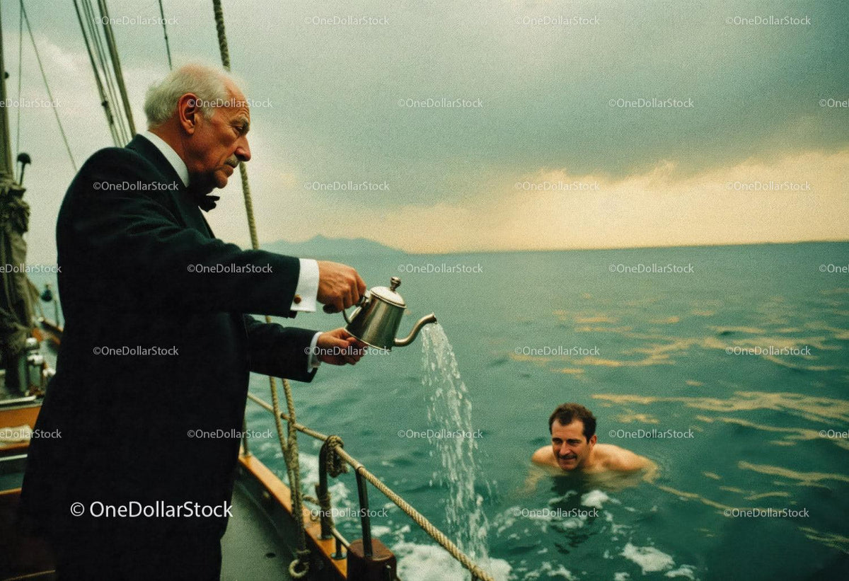 Elegant Man in Tuxedo Pouring Water on Young Man Swimming in Ocean