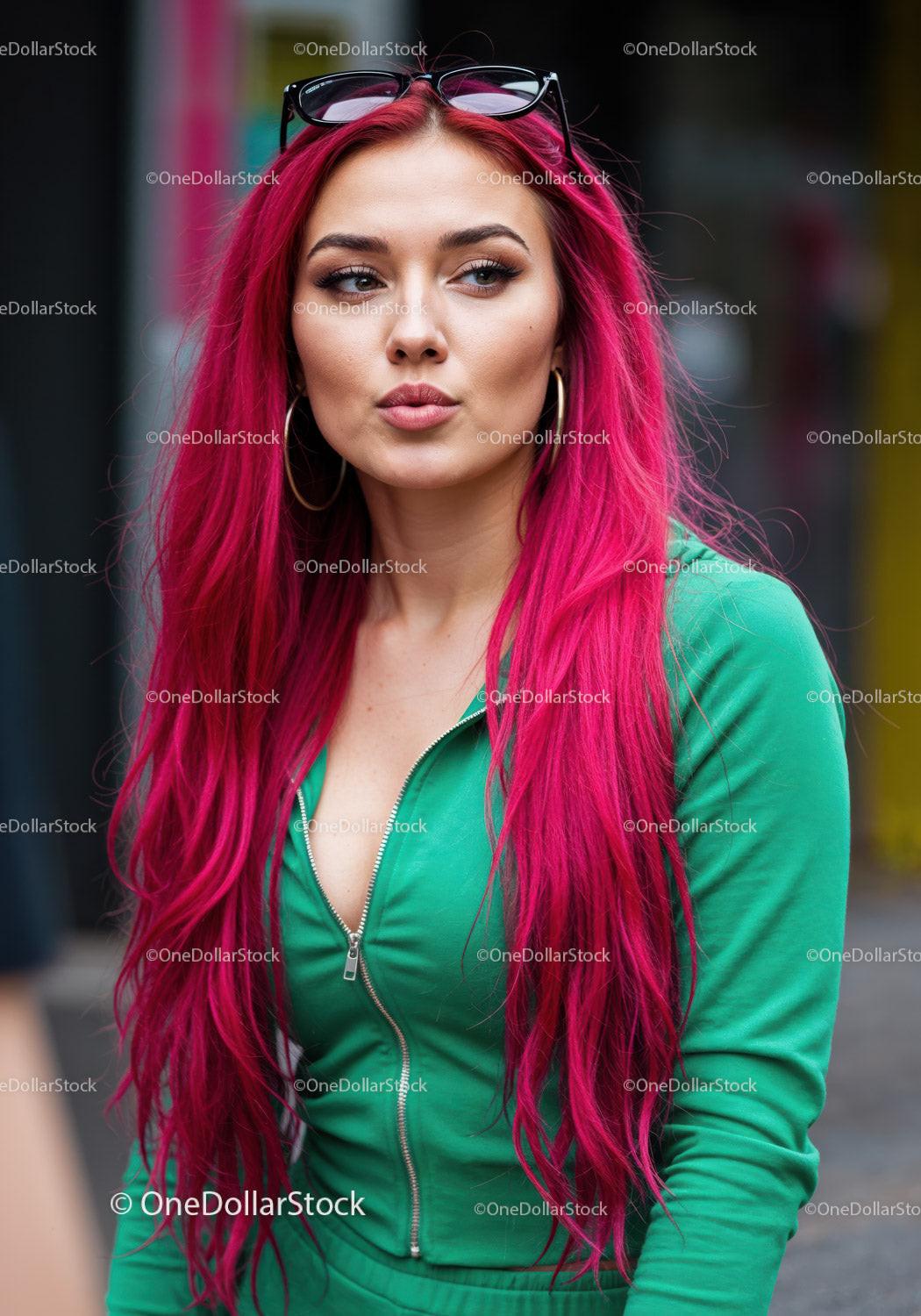 stock photo bundle made with Vibrant Red Hair Woman in Green Tracksuit with Sunglasses in City Stock Photo Bundle
