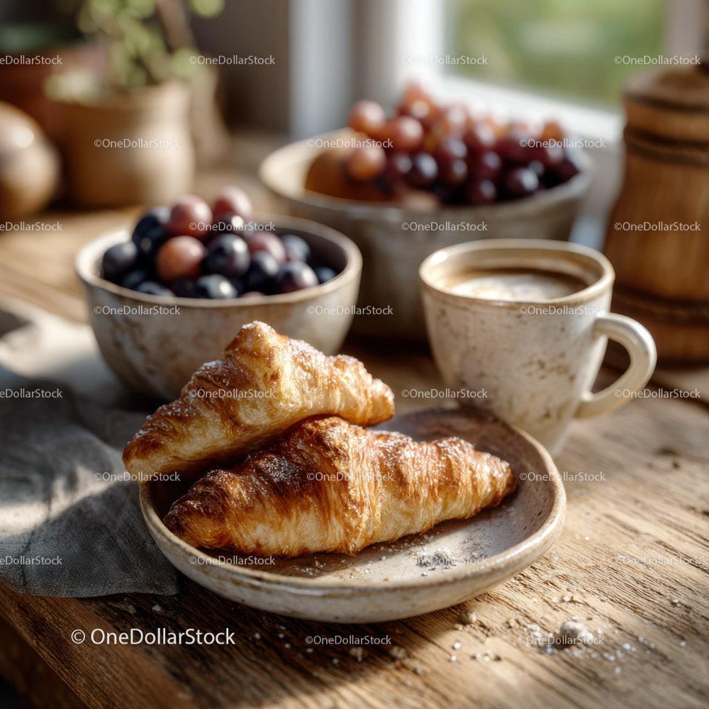 stock photo bundle made with Rustic Breakfast with Croissants Coffee and Fresh Fruit Stock Photo Bundle