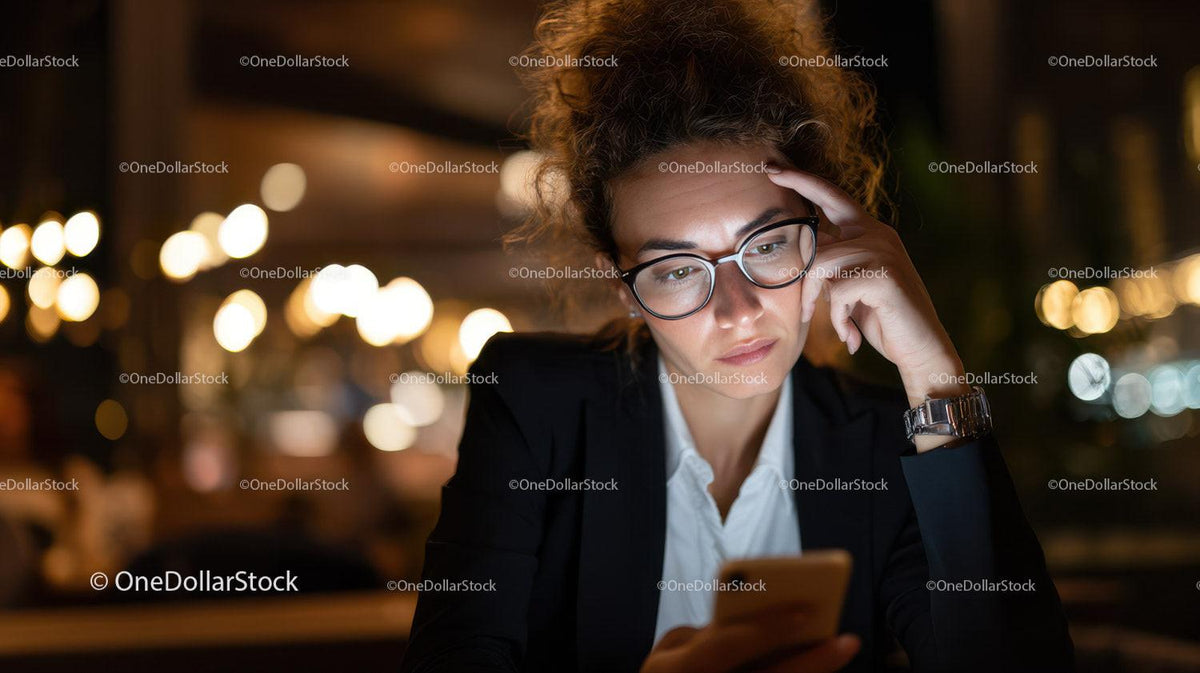 Confident Woman with Curly Hair Reading Smartphone in Night Cafe