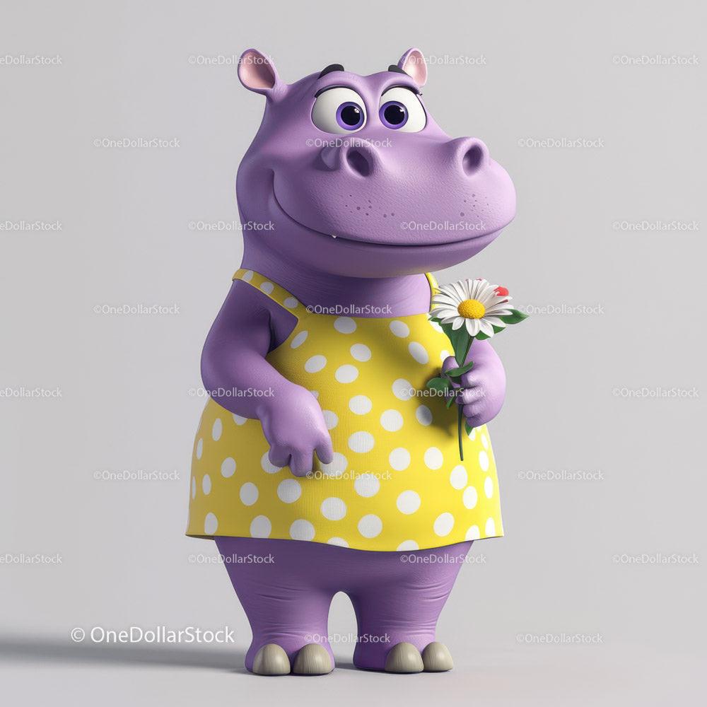 Cute Cartoon Hippo Holding Sunflower in Yellow Dress for Kids Illustration Stock Photo Bundle preview 43