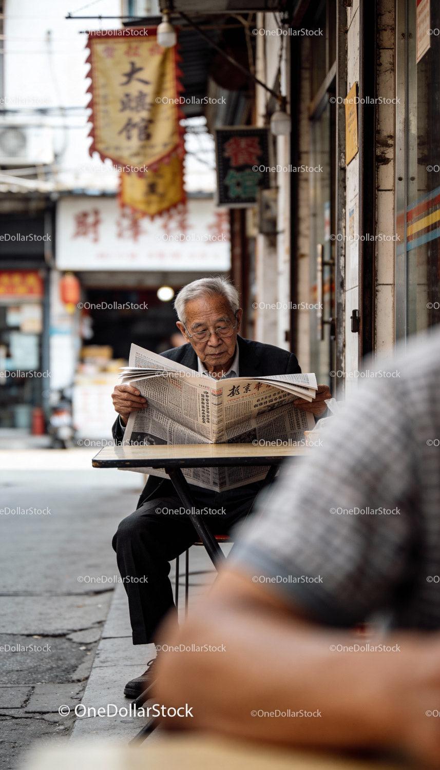 Elderly man calmly reading newspaper at street cafe