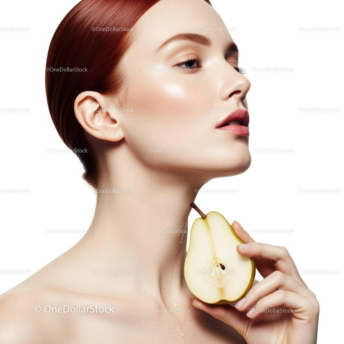 Elegant Woman with Red Hair Holding Pear in Bright Minimalist Portrait
