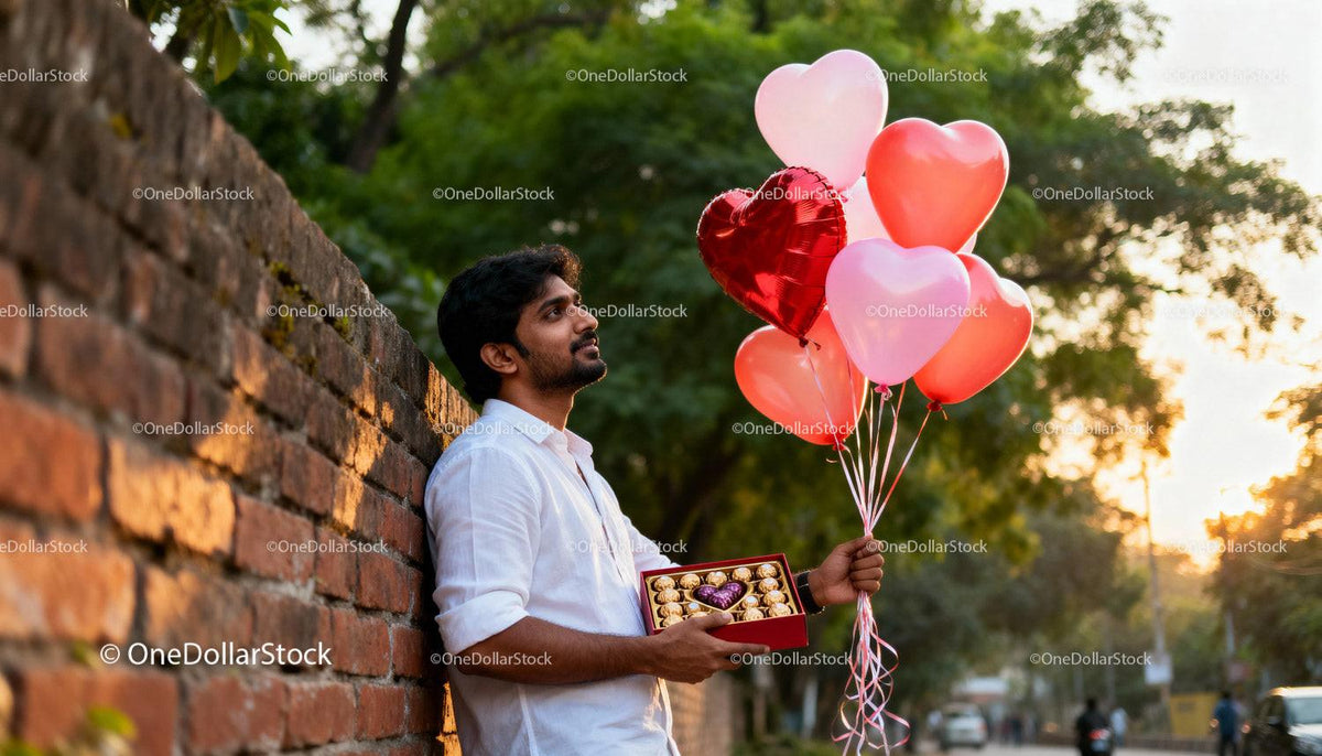 Man leaning on brick wall with valentines balloons and chocolates