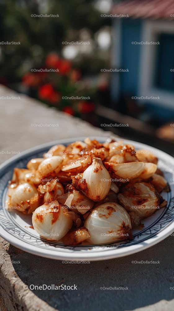 Fresh White Onion Slices on Ornate Blue Plate with Onions in Background Stock Photo Bundle preview 21